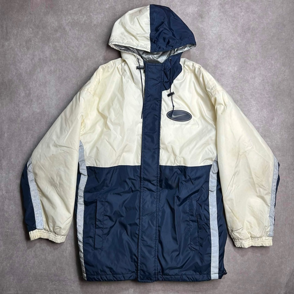 Vintage Nike Hooded Windbreaker Jacket Navy Cream Colorblock Large Swoosh Small